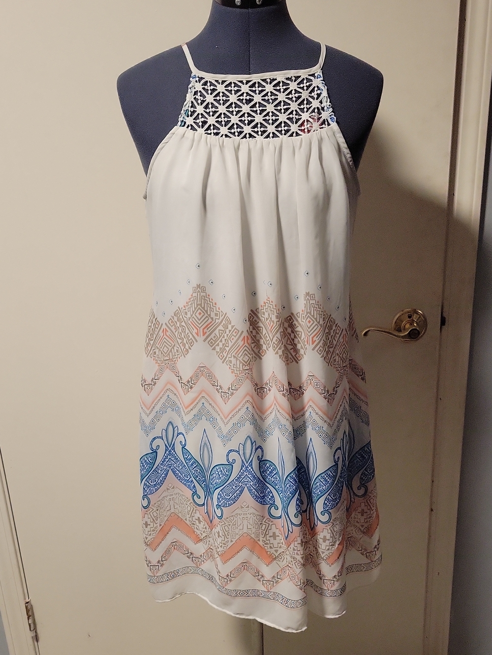 My Michelle White Sundress with Blue & Peach Print
